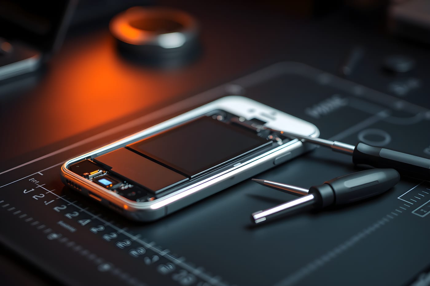 An opened smartphone on a repair mat