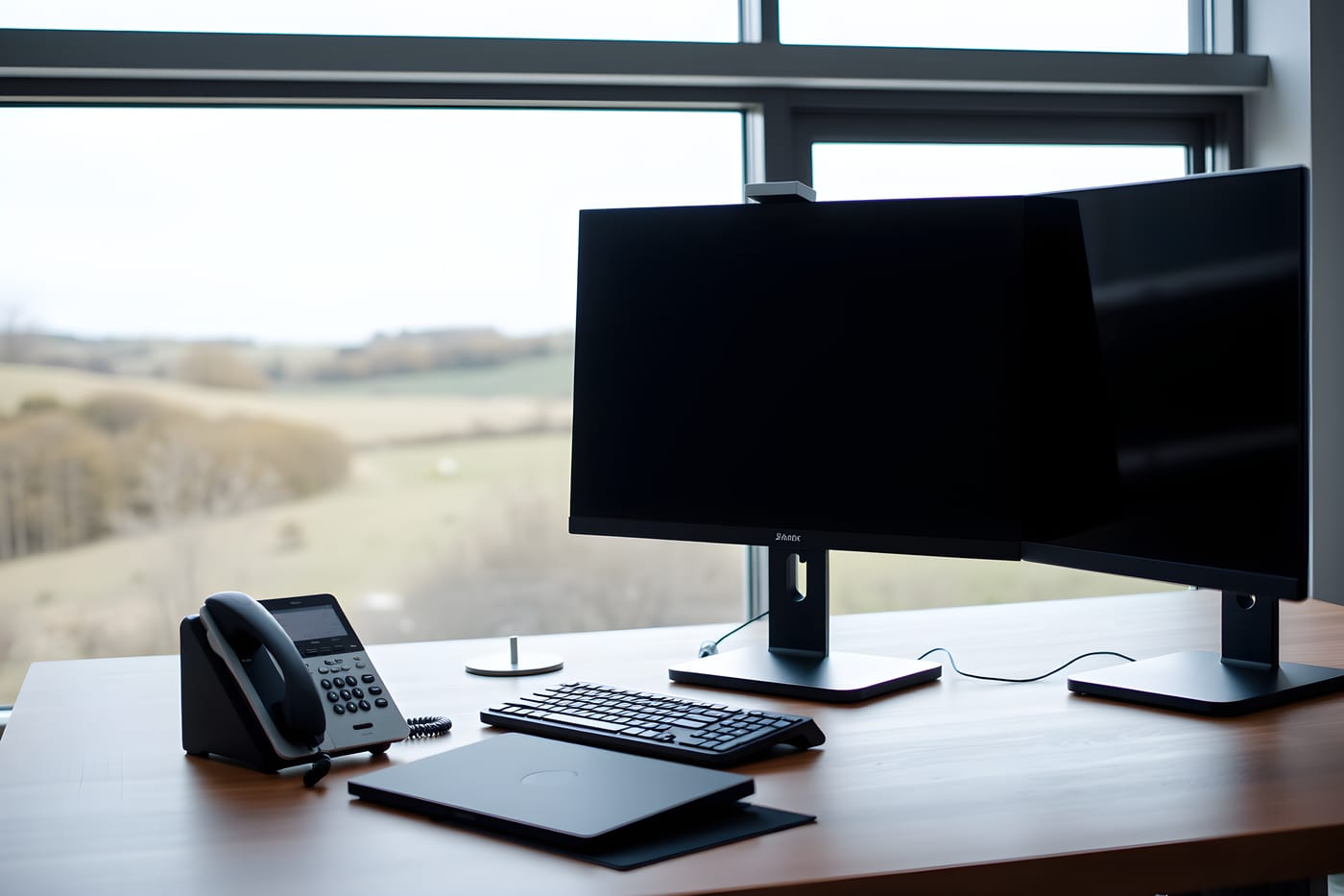 A tidy workstation with two monitors and a desk phone overlooking countryside